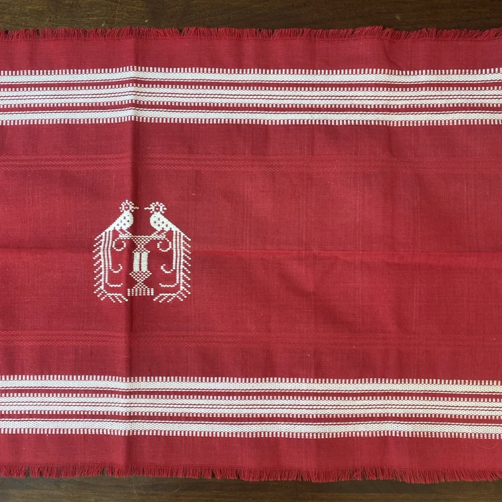 Vintage Woven Red Table Runner White Stripes Peacocks‎ Birds Fringe
